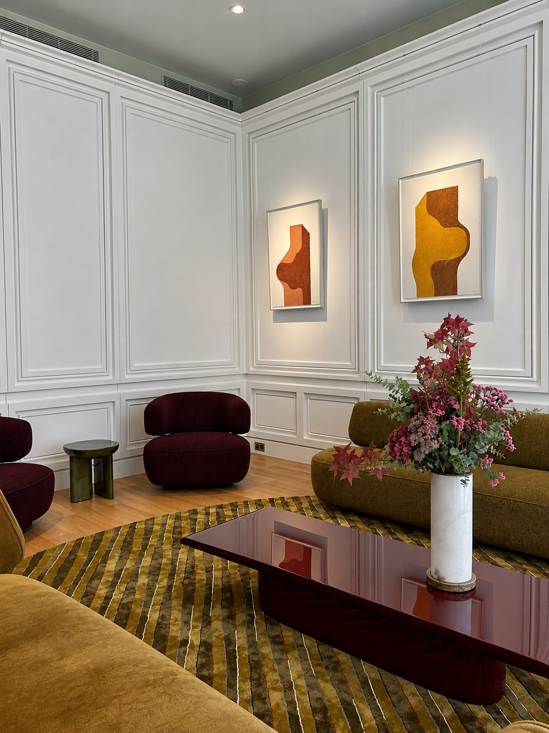 Pierre Frey salon, panelling and striped rug